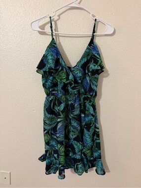 Tropical Leaf Print Ruffle Sundress